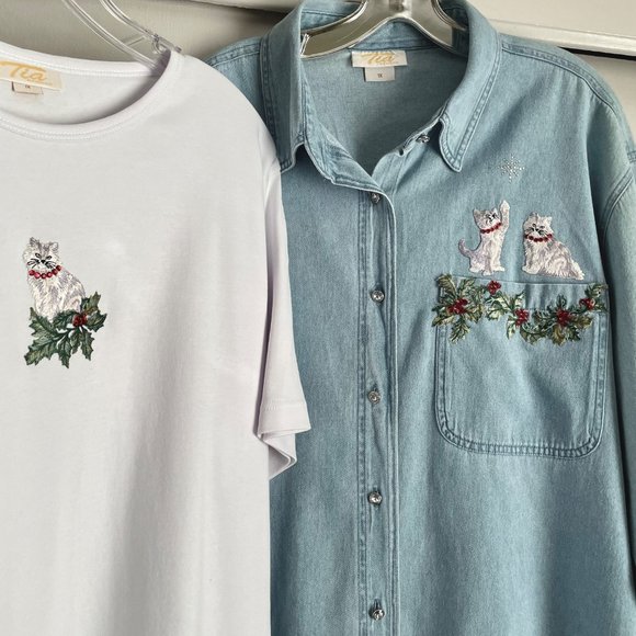 VTG Plus Size Tia Designs Holiday Top/Denim Blouse SET Beaded Embroidered Cat 1X - Picture 3 of 15